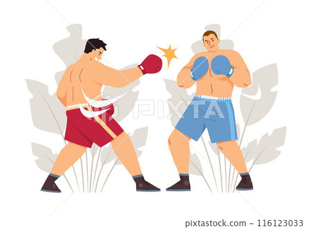 Two boxers fighting flat vector, battle sport game competition professional sportsmen in sportswear on floral background Two boxers fighting flat vector, battle sport game competition professional sportsmen in sportswear on floral background 116123033
