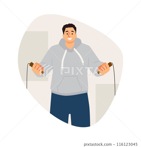 Vector icon guy is an athlete in sports clothes, jumping rope in a flat style. Vector icon guy is an athlete in sports clothes, jumping rope in a flat style. 116123045