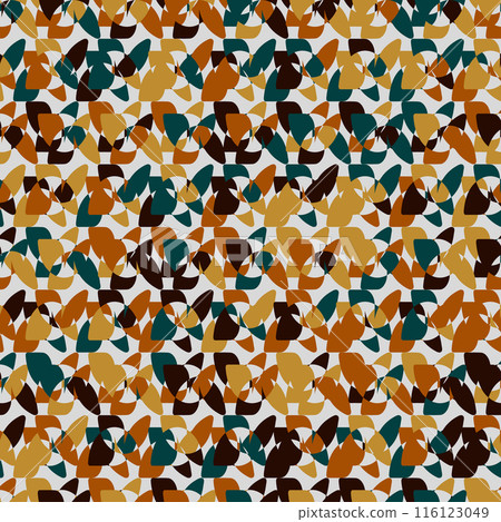 A dynamic, seamless abstract geometric pattern featuring autumnal colors like brown, orange, and teal. 116123049