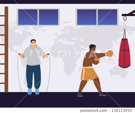 Boxing training vector illustration in gym. Boxing training vector illustration in gym. 116123050