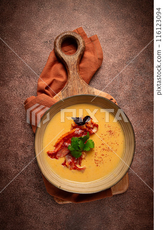 Pumpkin cream soup, curry, fried bacon,, top view, no people, Pumpkin cream soup, curry, fried bacon,, top view, no people, 116123094