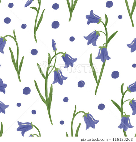 Bellflower seamless pattern. Hand drawn elegant bluebell flowers isolated on white background. Campanula repeated design. Floral motif with delicate wildflowers for fabrics, wrapping, decoration Bellflower seamless pattern. Hand drawn elegant bluebell flowers isolated on white background. Campanula repeated design. Floral motif with delicate wildflowers for fabrics, wrapping, decoration 116123268