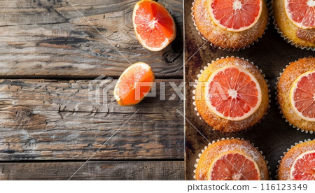 Citrus Cupcakes on Wooden Table: Fresh Baking and Grapefruit Citrus Cupcakes on Wooden Table: Fresh Baking and Grapefruit 116123349