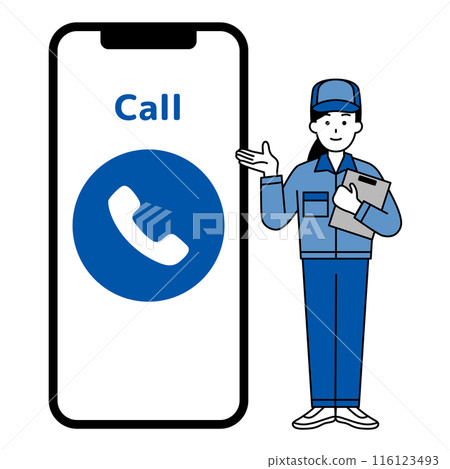 身穿藍色工作服的女士和一部帶有電話標記的大型智慧型手機 116123493