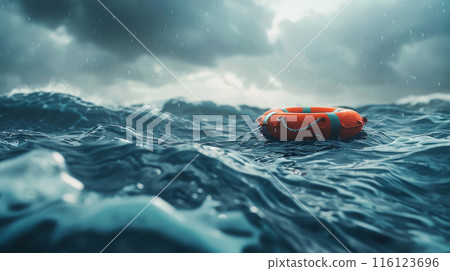Lifebuoy Adrift in Stormy Sea 116123696