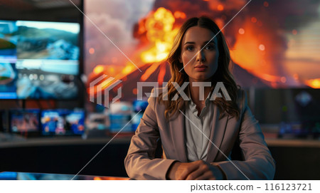 News Anchor Reporting on Volcanic Eruption 116123721