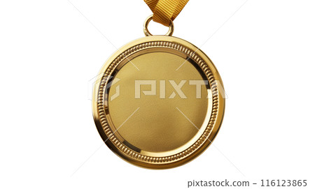 Gold Medal with Detailed Edge and Yellow Ribbon, Close-up of a textured gold medal with a detailed edge, complemented by a yellow ribbon, representing prestige and success, isolated on white. 116123865