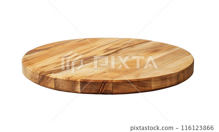 Polished Round Wooden Cutting Board, Elegant round wooden cutting board with a smooth finish, isolated on a white background. 116123866