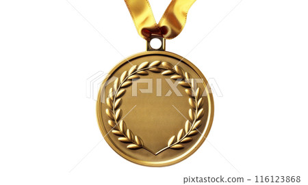 Gold Medal with Laurel Wreath and Ribbon, A gold medal featuring a laurel wreath design and an attached yellow ribbon, symbolizing achievement and honor, isolated on white. Gold Medal with Laurel Wreath and Ribbon, A gold medal featuring a laurel wreath design and an attached yellow ribbon, symbolizing achievement and honor, isolated on white. 116123868