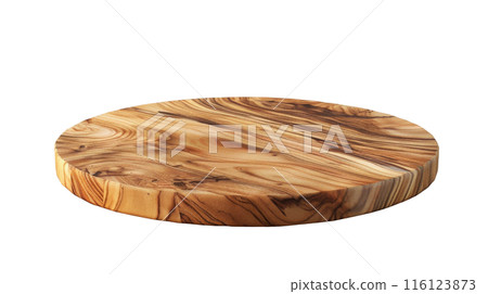 Swirled Olive Wood Cheese Board, A round olive wood cheese board displaying distinctive swirled grain patterns, perfect for elegant food presentation, isolated on white. Swirled Olive Wood Cheese Board, A round olive wood cheese board displaying distinctive swirled grain patterns, perfect for elegant food presentation, isolated on white. 116123873