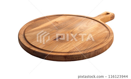 Circular Oak Serving Board Isolated, Elegant circular oak serving board with a natural wood grain and handle, presented on a clean white background, ideal for food display 116123944