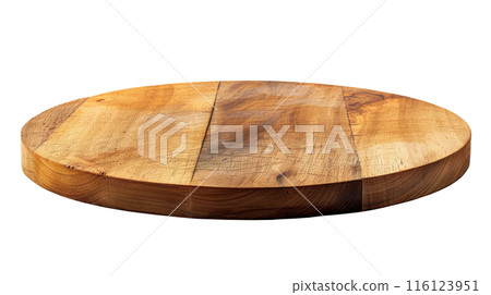 Polished Round Wooden Cutting Board, Elegant round wooden cutting board with a smooth finish, isolated on a white background. Polished Round Wooden Cutting Board, Elegant round wooden cutting board with a smooth finish, isolated on a white background. 116123951