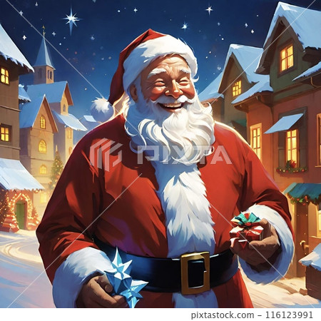 Santa Claus holding gifts in the snow on Christmas night 116123991
