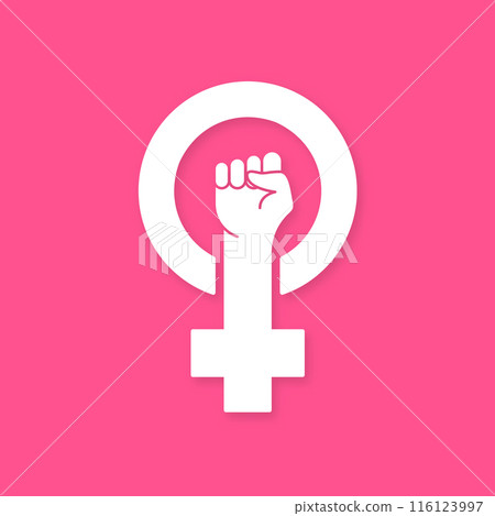 Feminism Protest Symbol. White Female First, Women Rights. Symbol of Feminism Movement. Girl Power Sign. Pink Arm silhouette on pink background. Vector illustration 116123997