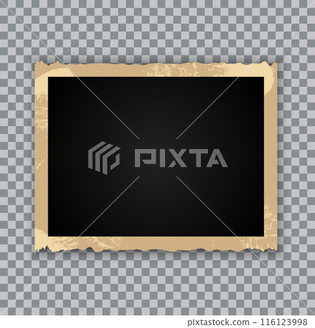 Vintage photo frame on transparent background. Retro old paper picture photo frame template for nostalgia scrapbook. Vector illustration 116123998