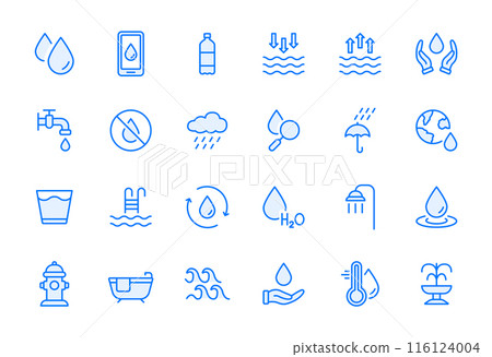 Water Line Icon Set. Drop Water Thin Linear Icon. Mineral Water, Low and High Tide, Shower, Plastic Bottle and Glass Outline Pictogram. Fire Hydrant and Fountain. Editable stroke. Vector illustration 116124004