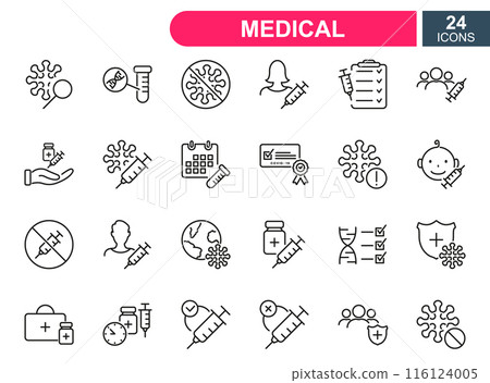 Set of vaccine line icons. Injection, prevention and treatment of covid. Medical syringe and ampoules, certificate for Vaccine. Linear icons for medical vaccine. Editable stroke. Vector illustration 116124005
