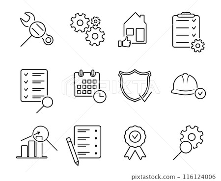 Inspection line icon set. Thin line icons for quality control, check, verify, testing, examination, inspect. Vector 116124006