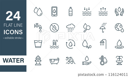 Water Line Icon Set. Drop Water Thin Linear Icon. Mineral Water, Low and High Tide, Shower, Plastic Bottle and Glass Outline Pictogram. Fire Hydrant and Fountain. Editable stroke. Vector illustration Water Line Icon Set. Drop Water Thin Linear Icon. Mineral Water, Low and High Tide, Shower, Plastic Bottle and Glass Outline Pictogram. Fire Hydrant and Fountain. Editable stroke. Vector illustration 116124011