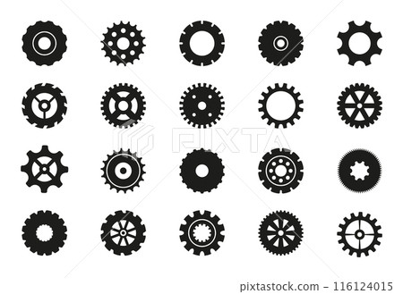 Black machine gears set. Transmission cog wheels and gear icons isolated on white background. Cogwheels and cogs collection. Various design elements of gears. Vector illustration 116124015