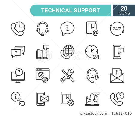 Set of Help and Support line icons. Phone Assistant, Online Help, Video Chat and Faq line icons. Internet Support and Contact service. Round Clock Call Center. Editable Stroke. Vector Illustration Set of Help and Support line icons. Phone Assistant, Online Help, Video Chat and Faq line icons. Internet Support and Contact service. Round Clock Call Center. Editable Stroke. Vector Illustration 116124019