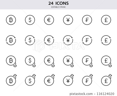Dollar, euro, bitcoin, pound, franc, yen line icons. Set of currency exchange line icons. Growth and fall of foreign currency. Outline money signs for finance. Editable Stroke. Vector illustration Dollar, euro, bitcoin, pound, franc, yen line icons. Set of currency exchange line icons. Growth and fall of foreign currency. Outline money signs for finance. Editable Stroke. Vector illustration 116124020