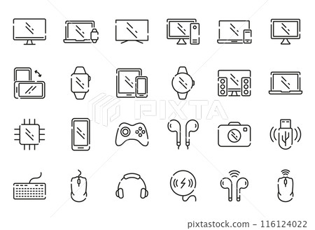 Set of Device Line Icon. Contain Laptop, Phone, Headphone, PC, Notebook, Digital Equipment. Wireless Smart Electronic Gadget Linear Icons. Device Pictogram. Editable Stroke. Vector Illustration Set of Device Line Icon. Contain Laptop, Phone, Headphone, PC, Notebook, Digital Equipment. Wireless Smart Electronic Gadget Linear Icons. Device Pictogram. Editable Stroke. Vector Illustration 116124022