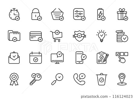 Set of Approve Line Icons. Check Marks, Ticks Linear Pictogram. Contains such Icons as Check List, Test, Award, Quality Control. Thin Line Design. Editable stroke. Vector illustration 116124023