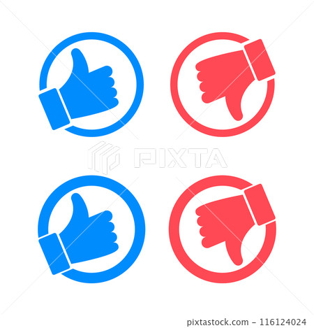 Like and dislike vector flat Icons. Thumbs up and thumbs down icons. Blue like button, red dislike button. Design Elements for smm, ad, marketing, ui, ux, app. Vector illustration 116124024