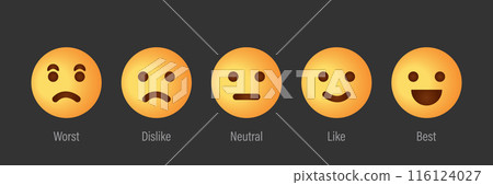 Feedback Scale Service with Emotion Icons. User Experience Rate with Feedback Scale. Yellow Emoji for Customer Feedback. Worst, Dislike, Neutral, Like, Best Emotion Icons. Vector illustration Feedback Scale Service with Emotion Icons. User Experience Rate with Feedback Scale. Yellow Emoji for Customer Feedback. Worst, Dislike, Neutral, Like, Best Emotion Icons. Vector illustration 116124027