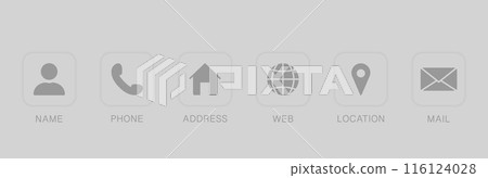 Business Card Contact Information Icon. Set of Contact Icons in square shapes. Communication symbol in Flat Style. Name, Address, Phone, Email, Website and Location Pictogram. Vector Illustration 116124028