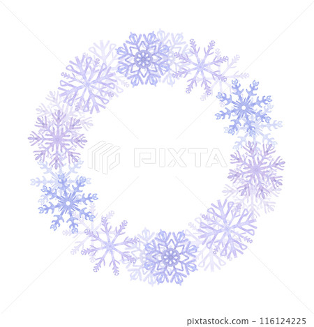 Snowflakes round wreath frame, blue lilac frost crystals. Symbol of winter, cold weather. New Year and Christmas holiday card. Hand drawn watercolor illustration isolated on white background 116124225