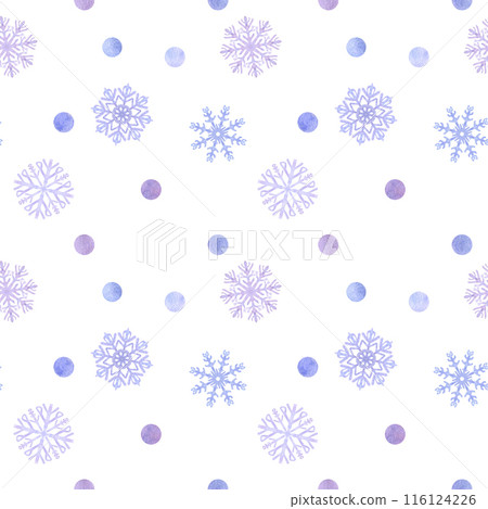 Snowflakes seamless pattern, blue lilac frost crystals ball. Symbol of winter, cold weather. New Year and Christmas holiday wallpaper. Hand drawn watercolor illustration isolated on white background Snowflakes seamless pattern, blue lilac frost crystals ball. Symbol of winter, cold weather. New Year and Christmas holiday wallpaper. Hand drawn watercolor illustration isolated on white background 116124226