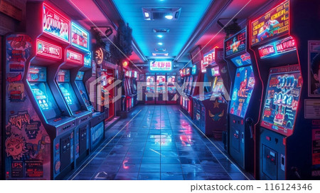 spacious, neon room with arcade machines for adults. retro club with games. fun at the game, the machines stand on the glossy, polished floor 116124346
