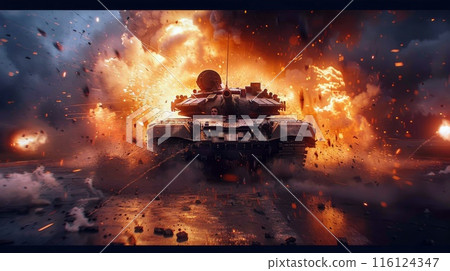 military equipment in battle. a large armored tank is coming to attack. The unit of equipment is surrounded by fire and smoke. military weapon in action 116124347