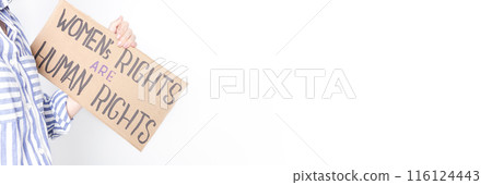 Woman holding a sign with the text Womens Rights are Human Rights on a white background 116124443