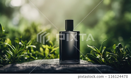 Transparent black glass perfume bottle mockup with plants on background. Eau de toilette. Mockup, spring flat lay. 116124478