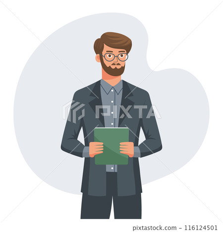 A businessman in a business suit with a gadget in his hands. Illustration in flat style 116124501