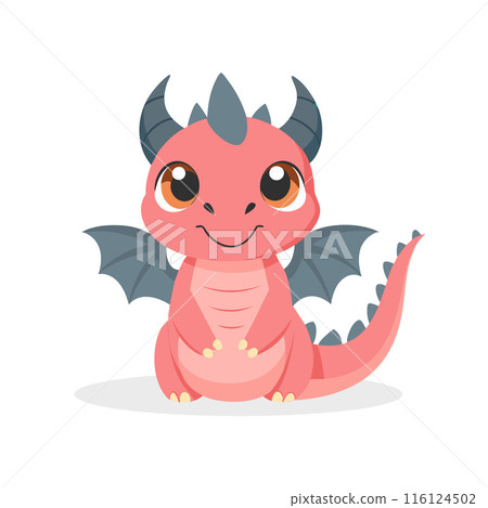 Cute cartoon dragon. Baby dragon or dinosaur cute character. Fairytale monster. Illustration, print 116124502
