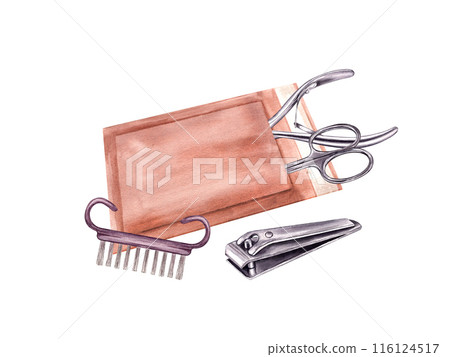 Manicure instruments in horizontal paper heat drybag. Metal glossy scissors, nail clipper, handle grip, nipper. Sterilization of nail equipment. Watercolor illustration for label, marketing Manicure instruments in horizontal paper heat drybag. Metal glossy scissors, nail clipper, handle grip, nipper. Sterilization of nail equipment. Watercolor illustration for label, marketing 116124517