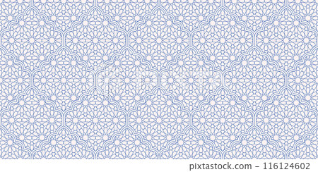 Thin line ornamental islamic background. Mashrabiya arabesque arabic seamless pattern grid. Abstract geometric textured for fabric, wrapping, card, banner. Thin line ornamental islamic background. Mashrabiya arabesque arabic seamless pattern grid. Abstract geometric textured for fabric, wrapping, card, banner. 116124602
