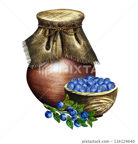 Blueberries in a wooden bowl next to an earthenware jug. Blueberry yogurt. Rustic still life. Handmade watercolor illustrations. Isolates. For packages, labels and flyers. For banners, stickers. Blueberries in a wooden bowl next to an earthenware jug. Blueberry yogurt. Rustic still life. Handmade watercolor illustrations. Isolates. For packages, labels and flyers. For banners, stickers. 116124640