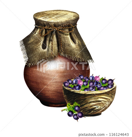 Black currant in a wooden bowl next to an earthenware jug. Currant yogurt. Rustic still life. Handmade watercolor illustrations. Isolates. For packages, labels and flyers. For banners, stickers. 116124643