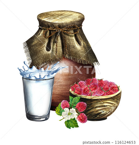 Raspberries with milk. Raspberry yogurt. Still life in a rustic style with a jug, a wooden bowl and a glass of milk. Handmade watercolor illustration. For packages and labels. For banners, stickers. 116124653