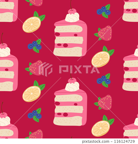 Food seamless pattern with cherry cake and berries 116124729