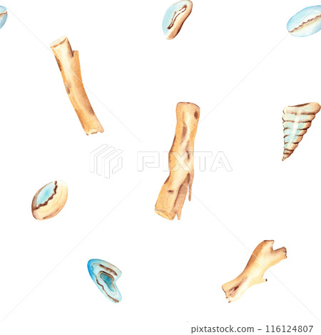Watercolor Under the sea hand drawn Seamless Pattern with Seashells and Wooden Stocks. For fabric, textiles, clothes, wallpaper, marine beach design. Watercolor Under the sea hand drawn Seamless Pattern with Seashells and Wooden Stocks. For fabric, textiles, clothes, wallpaper, marine beach design. 116124807