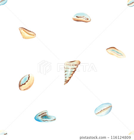 Seashells Watercolor Under the sea hand drawn Seamless Pattern. For fabric, textiles, baby clothes, wallpaper, marine beach design. Seashells Watercolor Under the sea hand drawn Seamless Pattern. For fabric, textiles, baby clothes, wallpaper, marine beach design. 116124809