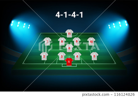 4-1-4-1 football team formation template. Soccer players with numbers. Vector template 116124826