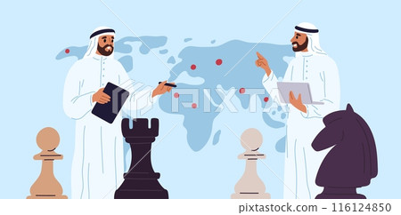 Arabic business people. Saudi men in traditional robes build strategy using chess pieces on world map background. Muslim businessmen. Diplomacy and negotiation. Garish vector concept Arabic business people. Saudi men in traditional robes build strategy using chess pieces on world map background. Muslim businessmen. Diplomacy and negotiation. Garish vector concept 116124850