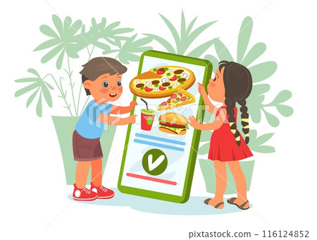 Fast food ordering app. Children order meal online. Internet pizzeria. Pizza and burger in smartphone screen. Restaurant delivery application. Kids choose lunch. Splendid vector concept Fast food ordering app. Children order meal online. Internet pizzeria. Pizza and burger in smartphone screen. Restaurant delivery application. Kids choose lunch. Splendid vector concept 116124852